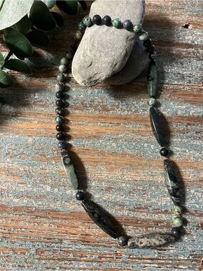 Handcrafted Green Jasper and Black Bead Women's Necklace